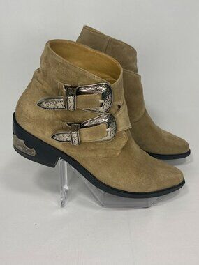 Toga Pulla Suede Western Ankle Boots Taupe Silver Buckle Size 9